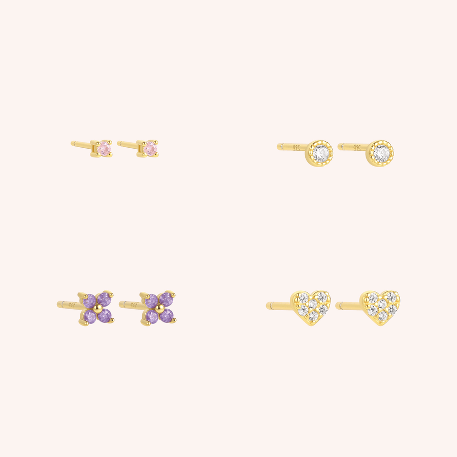 purple studs pink ice gold plated studs cz heart earrings 