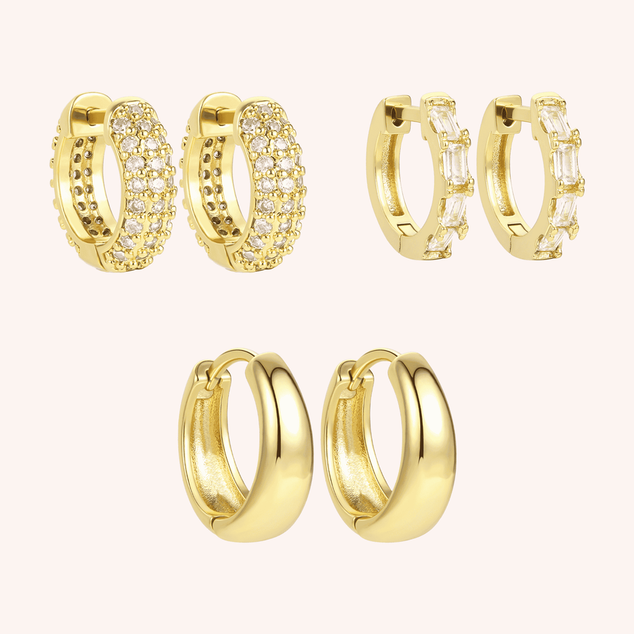 set of three chunky hoops cz pave gold earrings 