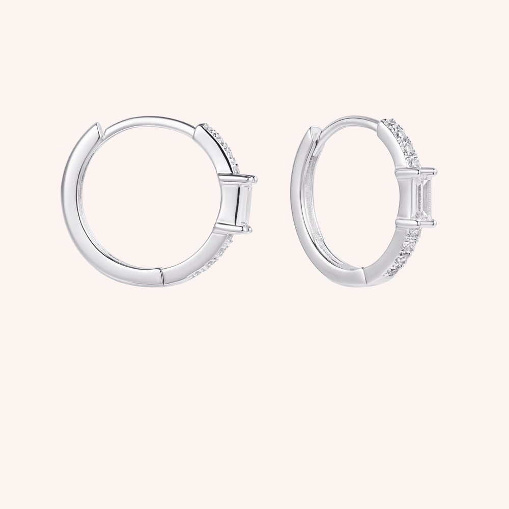 silver plated hoops pave baguette cz earrings