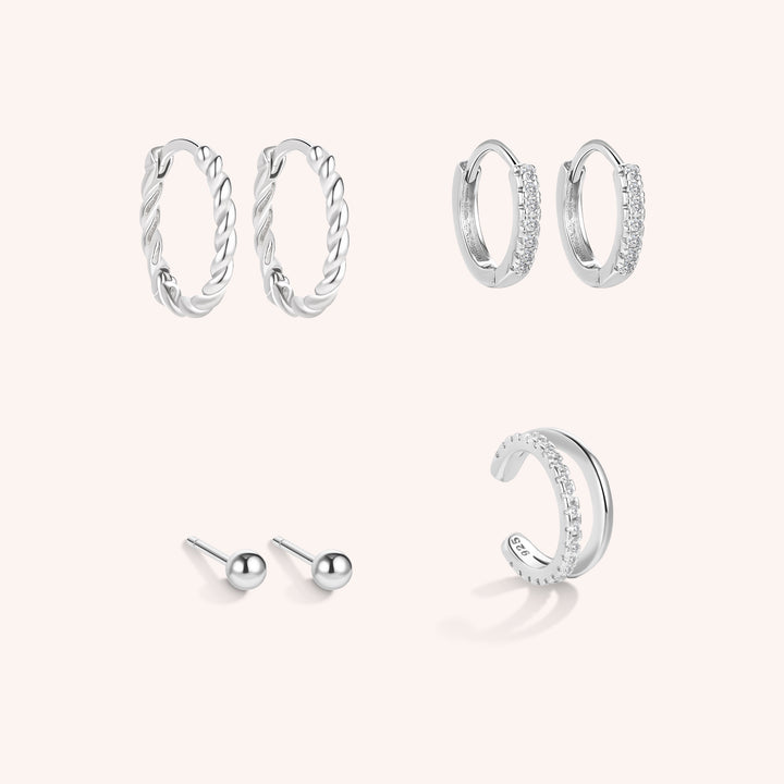 Ear stack silver plated pave huggies and ear cuff studs and twisted hoops 