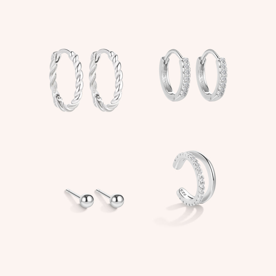 Ear stack silver plated pave huggies and ear cuff studs and twisted hoops 