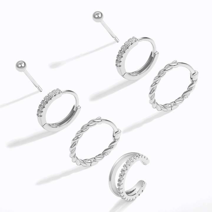 Silver plated set of 4 hoops, studs,  pave ear cuff