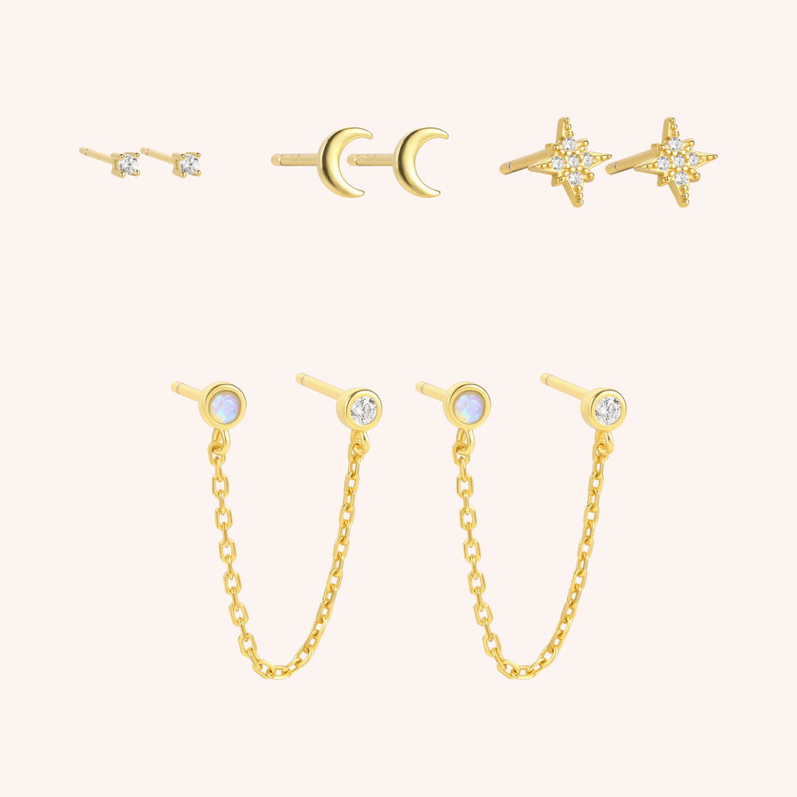 opal chain studs, cz studs, moon studs, pave earrings