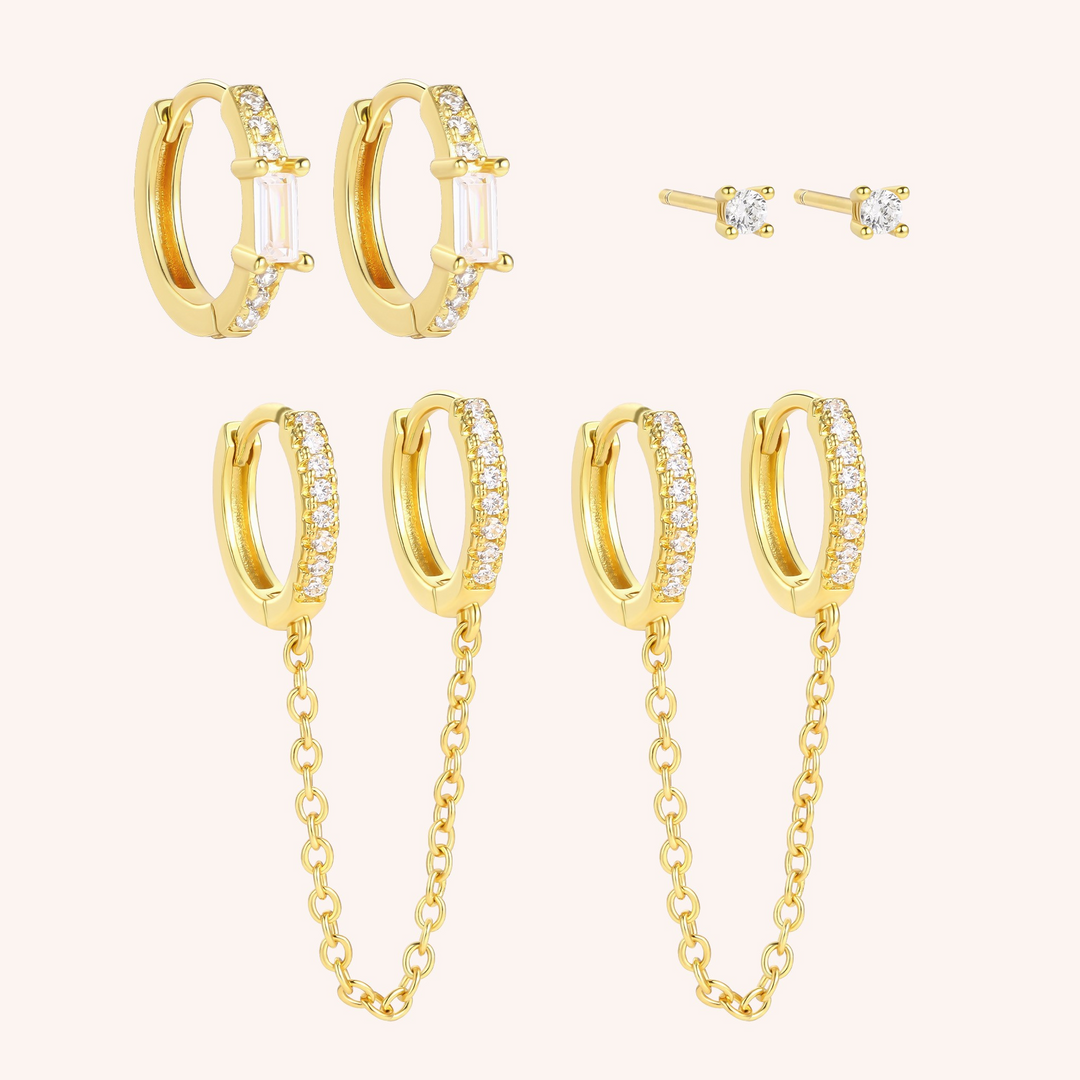 Brass Ear Stack double huggie chain, pave huggies, cz studs gold plated 