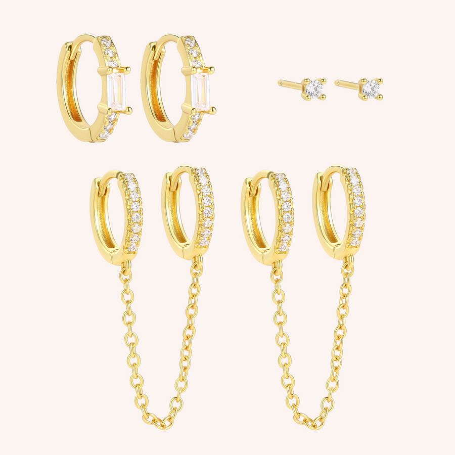Brass Ear Stack double huggie chain, pave huggies, cz studs gold plated 