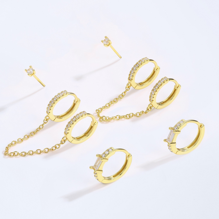 Brass Ear Stack double huggie chain, pave huggies, cz studs gold plated 